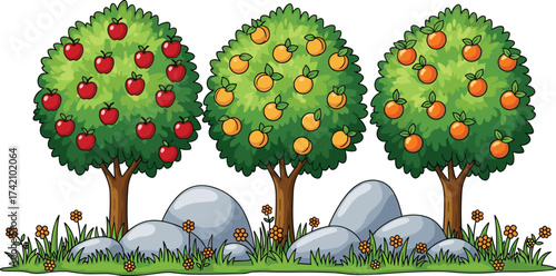 Fruit trees with apples, oranges, and tangerines, natural garden landscape, green leaves, fresh fruits, healthy food, agriculture, orchard illustration