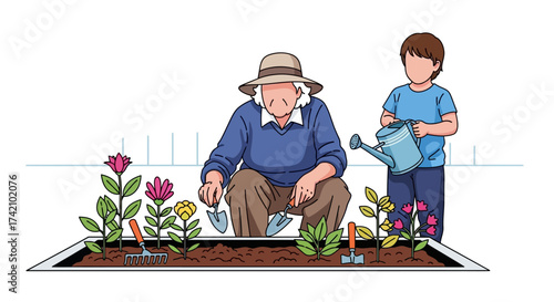 Elderly person and child gardening together in raised garden bed, planting flowers and plants, intergenerational bonding and outdoor activity
