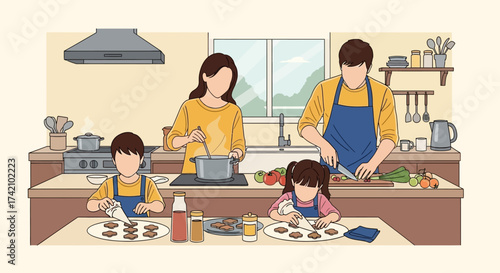 Family in kitchen, parents and two children happily baking cookies together, creating warm and loving domestic scene
