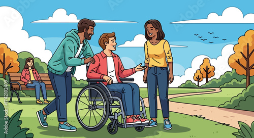 Diverse group friends enjoying sunny day in the park, with one person in wheelchair, highlighting inclusivity and outdoor recreation