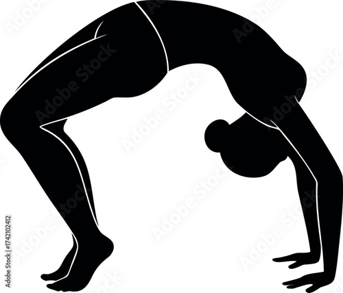 Elegant black silhouette of a woman in the Wheel Pose yoga asana, a deep backbend for flexibility. Concept for wellness, health, and balance