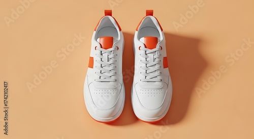 White Sneakers with Orange Accents on Peach Background.