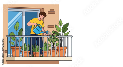 Man watering potted plant on balcony,
