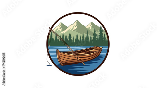 Fishing Boat on Lake with Mountains and Forest Circle Logo.