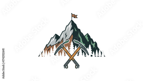 Mountain Climbing Logo with Crossed Ice Axes and Peak Flag.