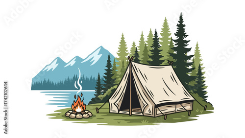Wilderness Camping Tent and Campfire: Mountain, Lake, and Forest Scene.