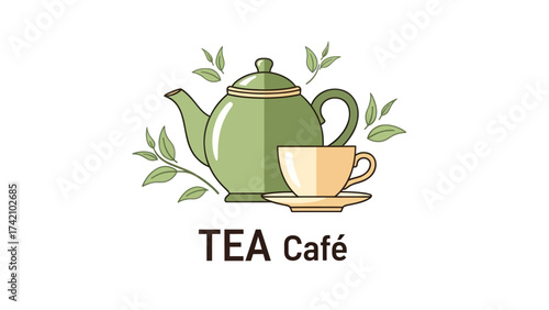 Tea Café Logo: Vintage Teapot, Cup, Leaves, and Cozy Drinks.