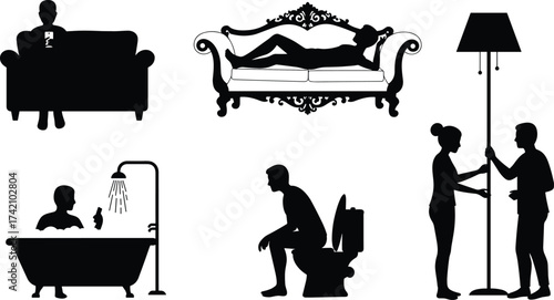 Home lifestyle people silhouettes relaxing on sofa, using phone, taking bath, sitting on toilet, standing couple, interior furniture design illustration