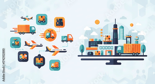 Dynamic global logistics network connecting cities with cargo planes and delivery trucks, illustrating efficient supply chain solutions for business and commerce