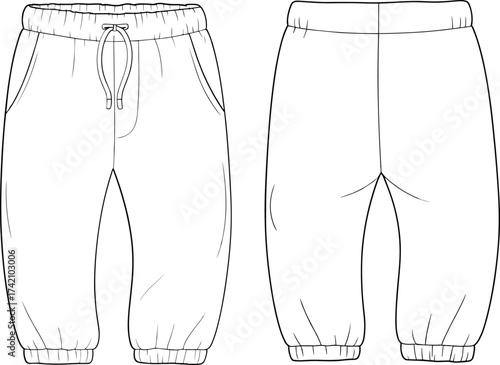 Jogger pants illustration, sweatpants fashion sketch, casual trousers design, men and women clothing outline, stylish sportswear drawing, comfortable apparel vector design