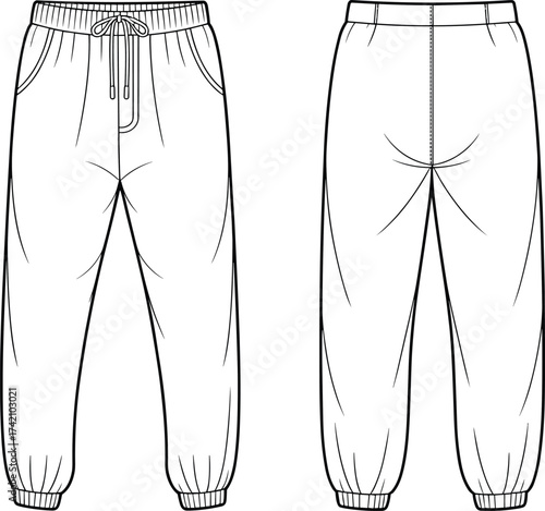 Jogger pants vector, fashion flat sketch, casual trousers illustration, unisex sweatpants design, elastic waist pants drawing, sportswear apparel technical sketch