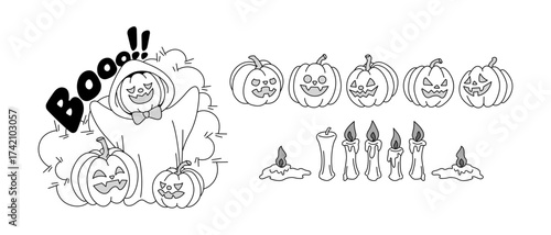 Halloween Pumpkins and Ghosts Monochrome Vector Illustration Set 1