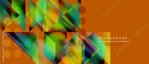 Abstract geometric shapes overlap, creating vibrant color gradients. Orange dominates right side, contrasting complex left section. Modern design.