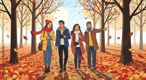 Group four young friends walking together in park during autumn, surrounded by colorful fallen leaves and trees, enjoying day out