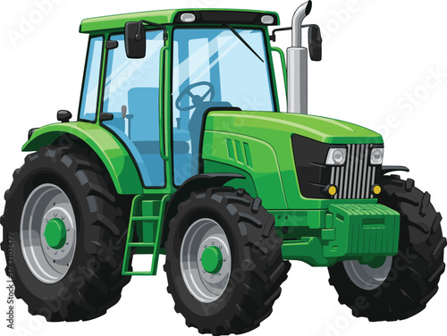 Modern green tractor illustration for agriculture and farming, powerful heavy equipment with large tires, farm machinery for field cultivation and transport