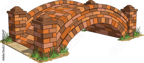 Old brick arched stone bridge illustration, rustic medieval design with strong pillars, garden pathway crossing, historic architecture structure, landscape decoration element