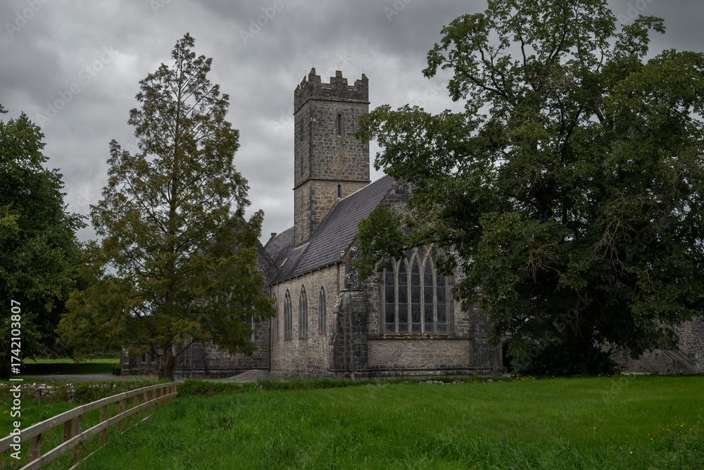 Naklejka premium The Adare Friary, Ireland, a historical stone building with a prominent tower and large pointed-arch windows, surrounded by lush green grass and trees under an overcast sky