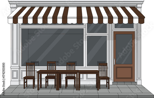 Outdoor café with striped awning, wooden chairs and table, coffee shop exterior, street restaurant design, classic architecture, vintage storefront illustration