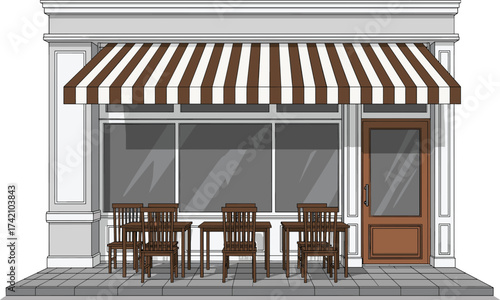 Outdoor café with striped awning, wooden tables and chairs, classic coffee shop exterior, street restaurant seating, vintage storefront architecture illustration