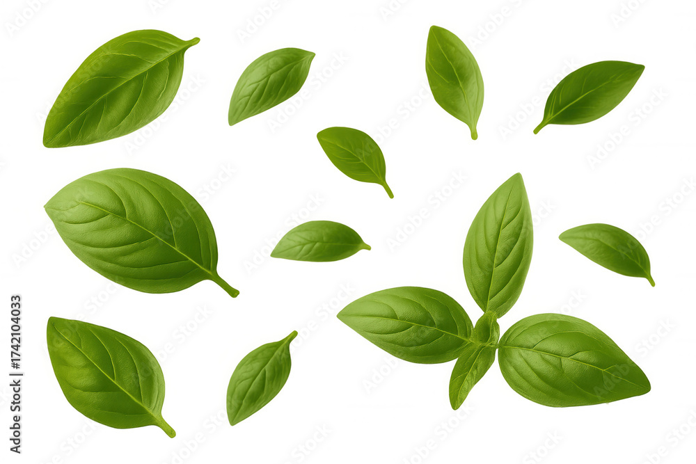 Obraz premium Basil leaves falling, creating a fresh, aromatic culinary ingredient. Perfect for healthy food and italian cooking concepts
