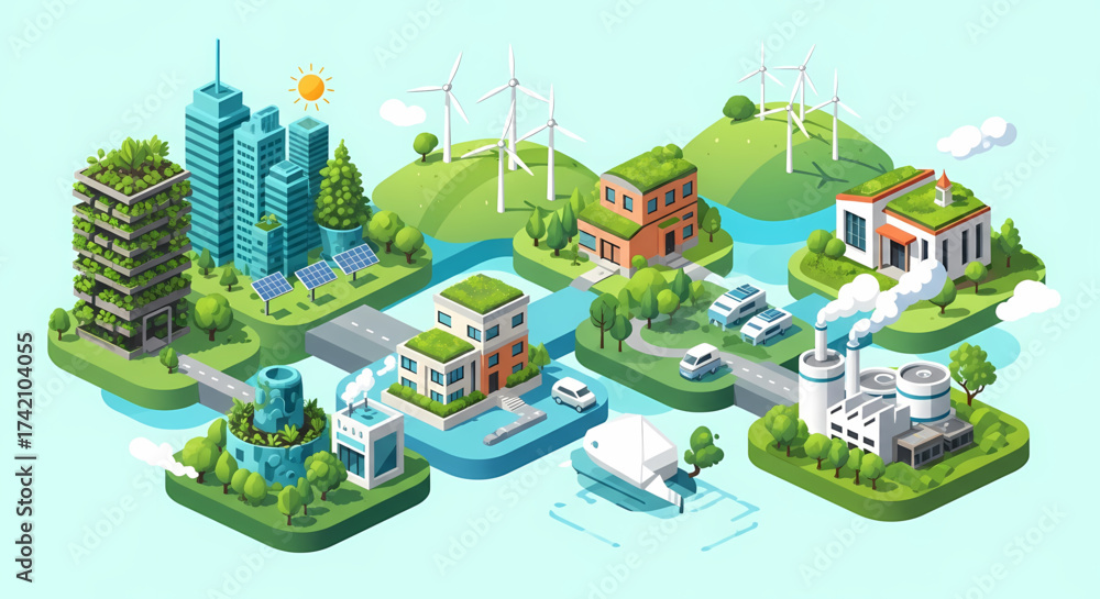 Fototapeta premium Sustainable city showcases eco-friendly architecture, renewable energy, and green living for a cleaner future, promoting innovation and environmental responsibility