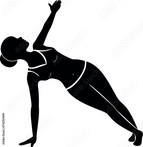 Silhouette of a person performing a side plank yoga pose, emphasizing flexibility and strength for a healthy lifestyle