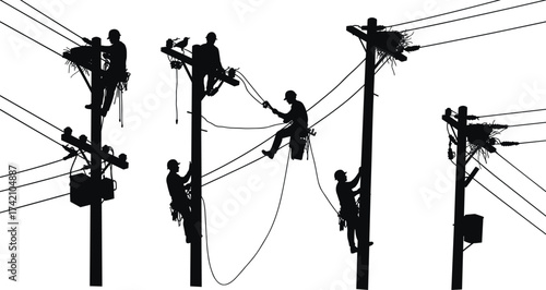 Silhouette electrical lineman working on power pole, repairing high voltage cables, utility maintenance, dangerous job, teamwork safety, electricity repair service illustration vector