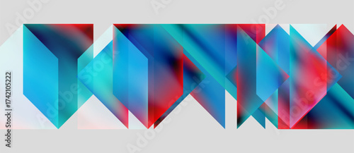 Abstract geometric shapes blend vibrant blues, reds. Gradient colors create dynamic visual texture. Modern design element.