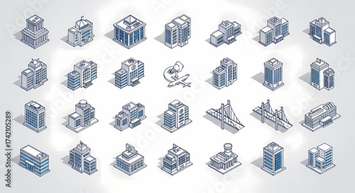 Stunning isometric building collection showcasing modern urban architecture perfect for city planning, real estate, or business presentations