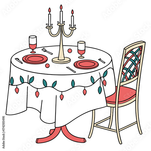 Illustration of a festive christmas dinner table with a white tablecloth, decorated with lights, a candelabra, plates, cutlery, glasses, and a chair