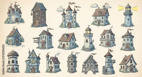 Whimsical collection of charming storybook castles, lighthouses, and houses evoking fantasy and adventure, perfect for enchanting designs.
