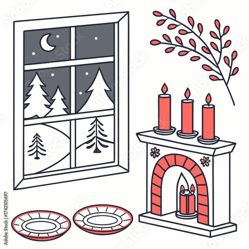 Vector art of a charming winter night scene with a window view of snowcovered trees, a fireplace with candles, and plates, creating a cozy and festive atmosphere, ideal for holiday designs