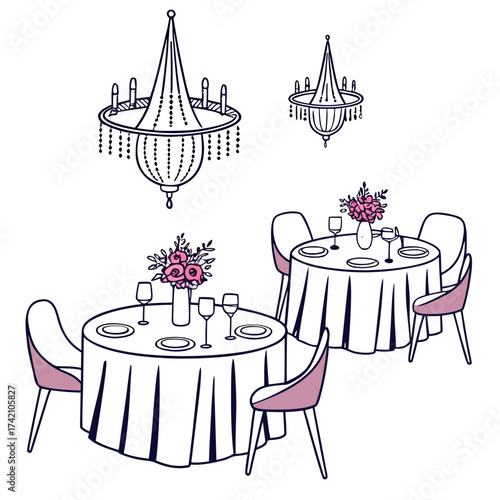 Illustration of a chic wedding party with tables, chairs, chandeliers, and flower arrangements perfect for invitations, cards, or any design project