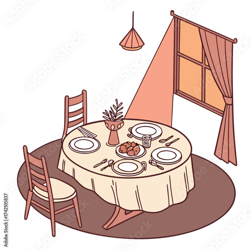 Vector art of cozy dining room with a beautifully set table, inviting chairs, and warm lighting, creating an intimate and welcoming atmosphere