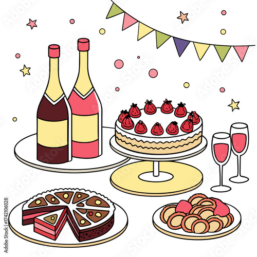 Vector art of festive party table with cake, champagne, and decorations, creating a celebratory atmosphere perfect for special occasions and gatherings