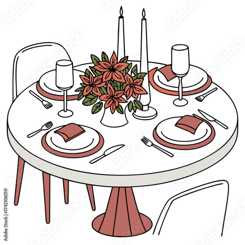 Vector art of festive christmas dinner table arrangement featuring floral centerpiece, candles, and elegant place settings creating a warm and inviting atmosphere for holiday gatherings