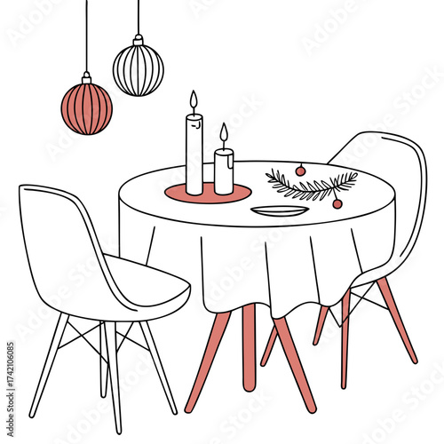Vector art of festive dining table with chairs, ornaments, candles, and a sprig of greenery, perfect for holiday gatherings and creating a warm, inviting atmosphere