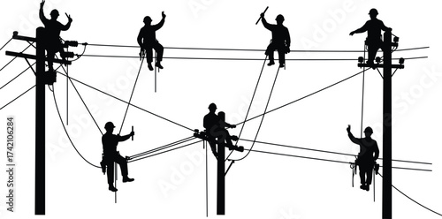 Silhouette electrical linemen working on high voltage power lines, teamwork, utility pole repair, safety harness, electricity maintenance, energy supply, infrastructure service