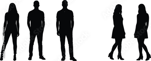 Silhouette group of people, men and women standing, fashion style, modern pose, black outline, vector illustration, teamwork, communication concept