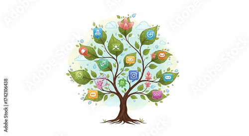 Vibrant tree of communication and social media icons symbolizes growth, connection, and digital engagement for modern businesses and brands.