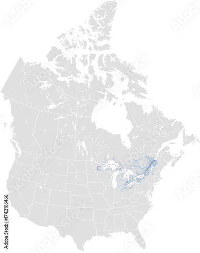 St. Lawrence river system – rivers vector map of North America highlighting main stem, primary and secondary tributaries (LCC, scaled by river size, PPT-compatible, multi-layered & fully editable)