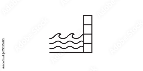 Print  water waves hitting barrier, flood protection vector icon, minimal line art, black outline on white background
