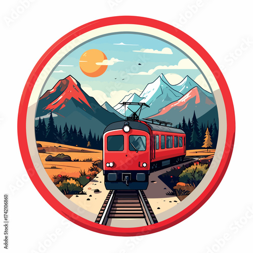 Vintage red train traveling through a scenic mountainous landscape with trees and a bright sunny sky, perfect for travel and adventure themes