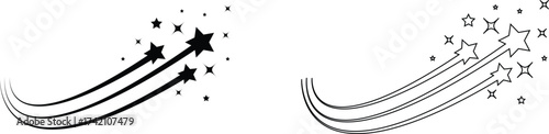 Shooting star icon set with black, outline falling stars, celestial night sky sparkle and comet trail symbols, vector collection for magic, fantasy, astrology and decoration design