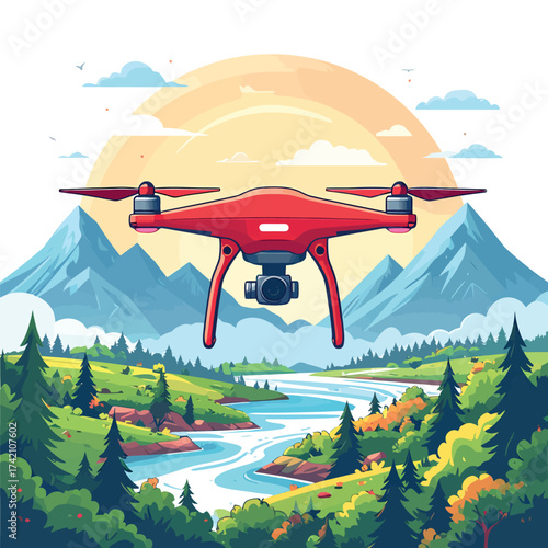 Aerial Perspective A Red Drone Soaring Over a Scenic Landscape of Mountains and River