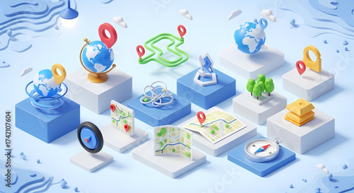 Explore global destinations with vibrant maps, globes, compasses, and navigation icons, inspiring travel adventures and planning journeys worldwide.
