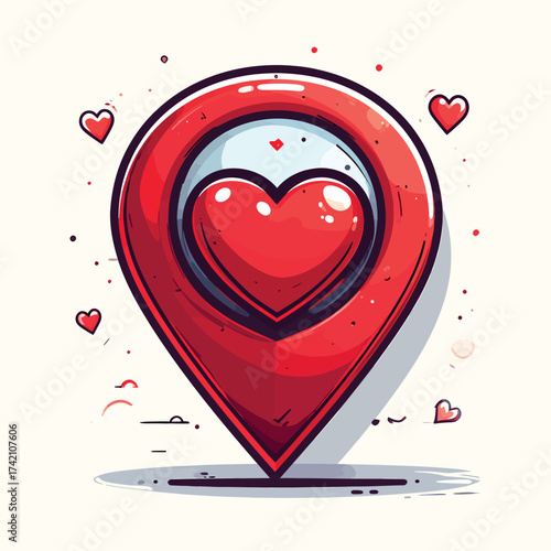 A red heart inside a location pin icon with smaller hearts around it