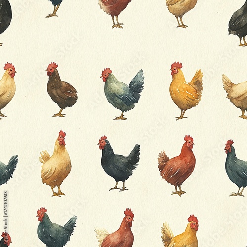 Minimal chicken pattern with multiple breeds in soft tones, seamless rustic wallpaper for home decor.