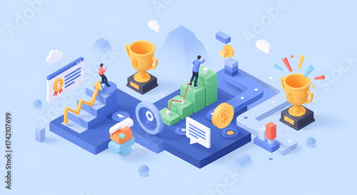 Dynamic business success illustrated with climbing graphs, trophies, and financial growth symbols, capturing achievement and prosperity in a modern, vibrant isometric scene.