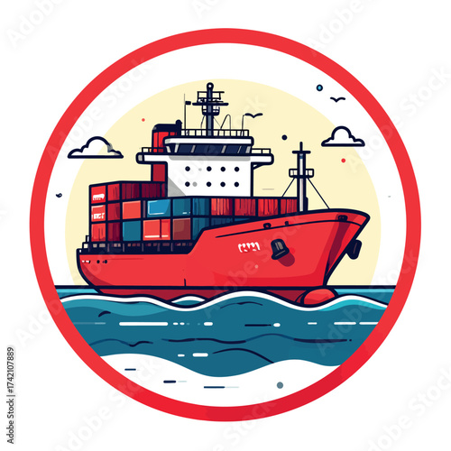 A stylized vector icon of a red container ship sailing on the ocean, representing global trade, maritime logistics, and freight transportation